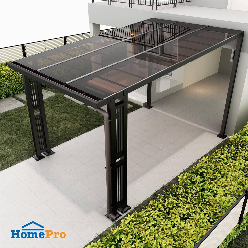 โรงจอดรถสำเร็จรูป หลังคาโพลีคาร์บอเนตแบบตัน มีรางน้ำฝน เสาตกแต่ง SUNSHIELD 3x5 เมตร สีน้ำตาล