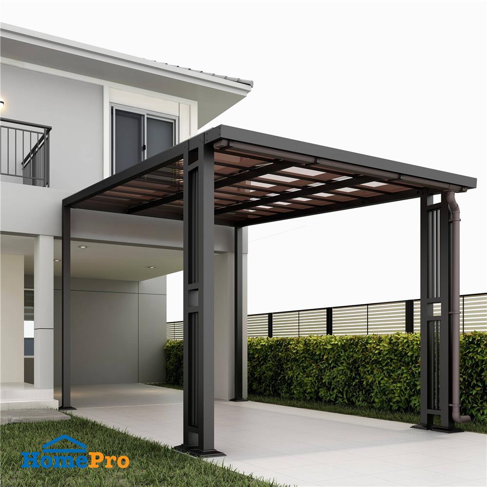 โรงจอดรถสำเร็จรูป หลังคาโพลีคาร์บอเนตแบบตัน มีรางน้ำฝน เสาตกแต่ง SUNSHIELD 3x5 เมตร สีน้ำตาล