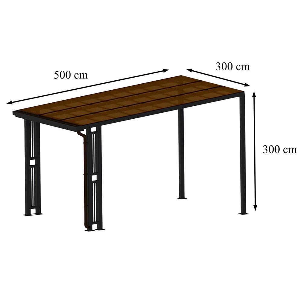 โรงจอดรถสำเร็จรูป หลังคาโพลีคาร์บอเนตแบบตัน มีรางน้ำฝน เสาตกแต่ง SUNSHIELD 3x5 เมตร สีน้ำตาล