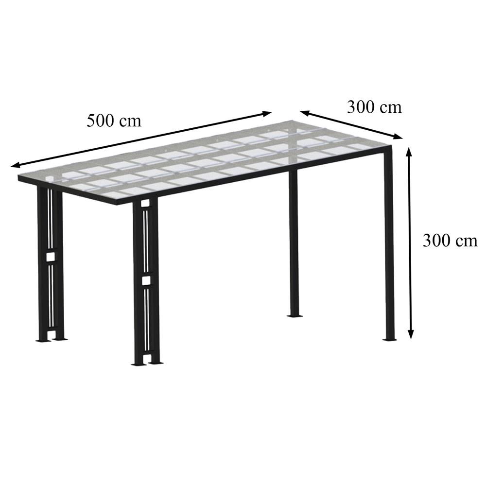โรงจอดรถสำเร็จรูป หลังคาโพลีคาร์บอเนตแบบตัน ไม่มีรางน้ำฝน เสาตกแต่ง SUNSHIELD 3x5 เมตร สีใส