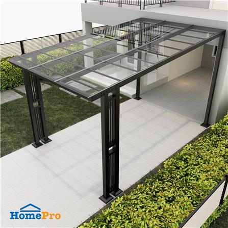 โรงจอดรถสำเร็จรูป หลังคาโพลีคาร์บอเนตแบบตัน ไม่มีรางน้ำฝน เสาตกแต่ง SUNSHIELD 3x5 เมตร สีใส