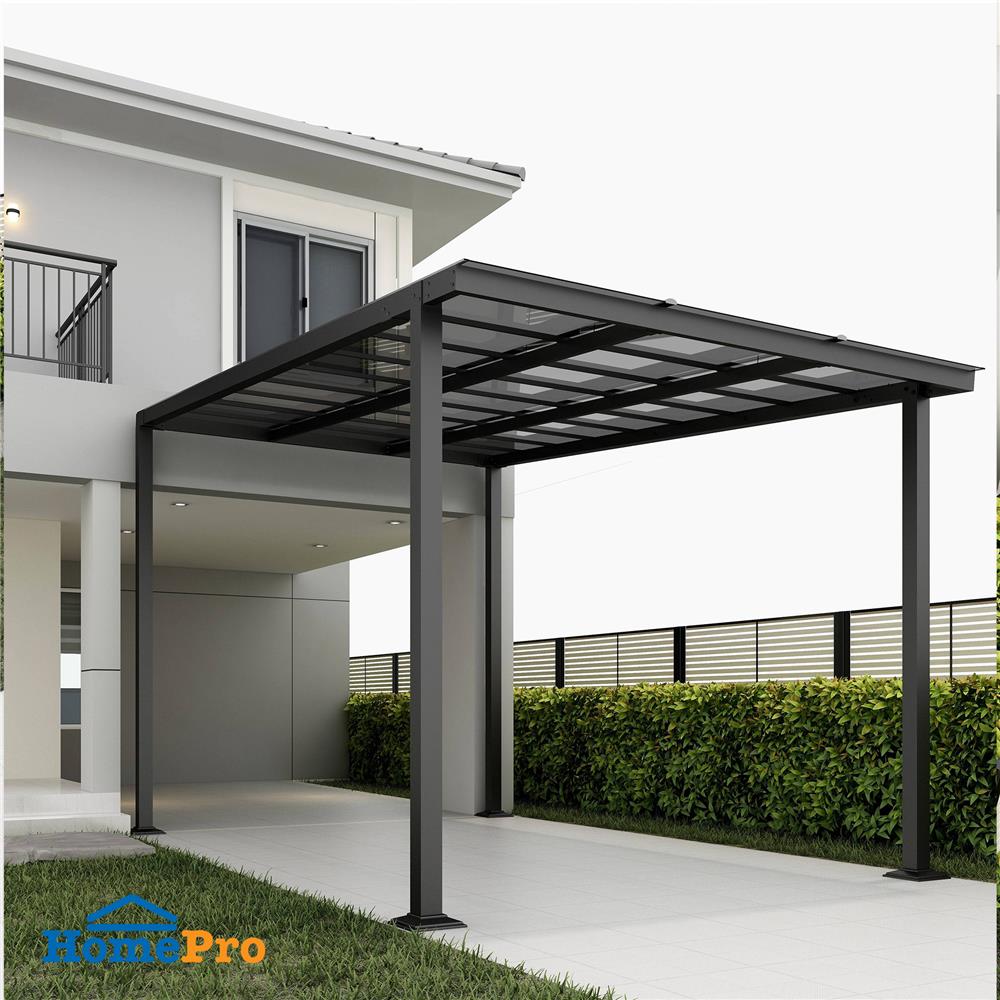 โรงจอดรถสำเร็จรูป หลังคาโพลีคาร์บอเนตแบบตัน ไม่มีรางน้ำฝน เสาธรรมดา SUNSHIELD 3x5 เมตร สีเทา