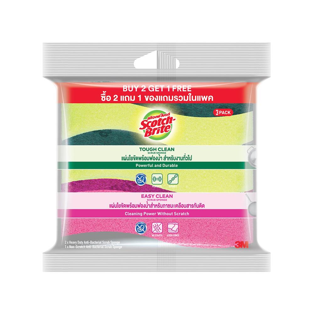 แผ่นใยขัดพร้อมฟองน้ำ SCOTCH-BRITE แอนตี้แบคทีเรีย (แพ็ก 3 ชิ้น)