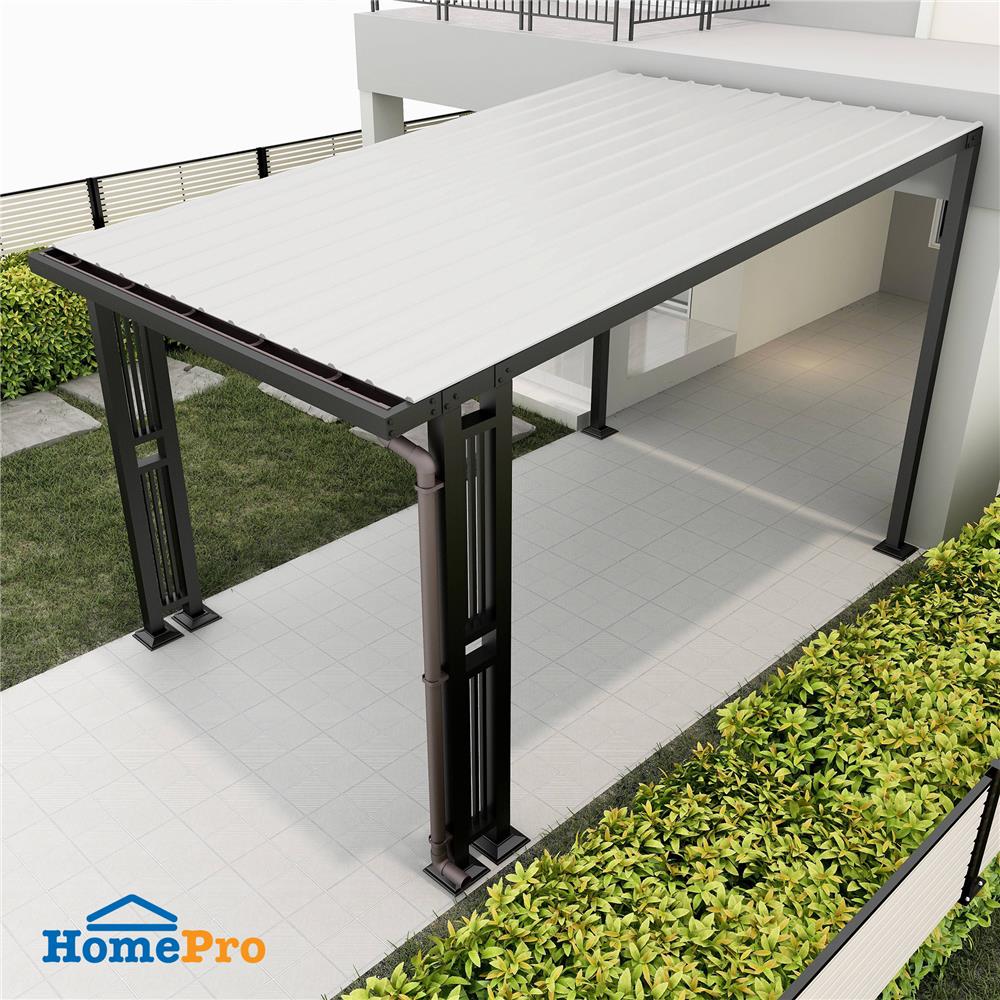 โรงจอดรถสำเร็จรูป หลังคาไวนิล มีรางน้ำฝน เสาตกแต่ง SUNSHIELD 3x5 เมตร