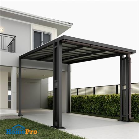 โรงจอดรถสำเร็จรูป หลังคาไวนิล มีรางน้ำฝน เสาตกแต่ง SUNSHIELD 3x5 เมตร_4