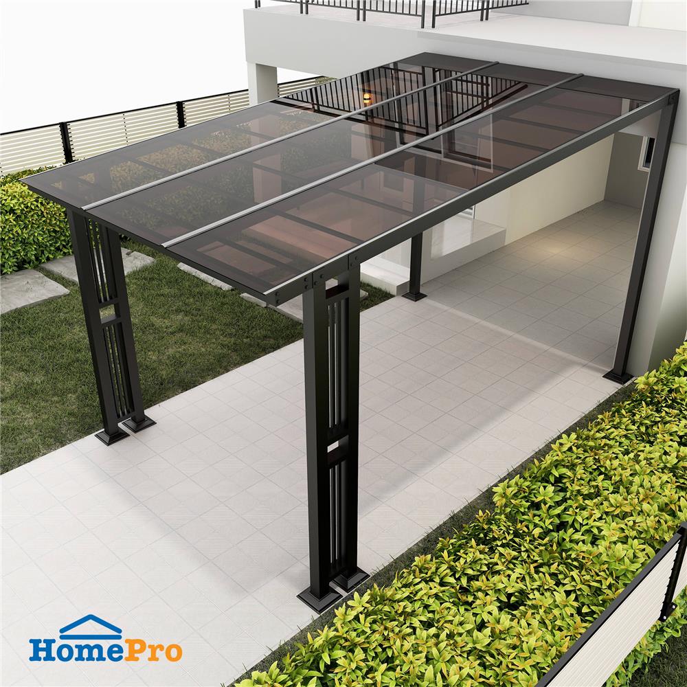 โรงจอดรถสำเร็จรูป หลังคาโพลีคาร์บอเนตแบบตัน ไม่มีรางน้ำฝน เสาตกแต่ง SUNSHIELD 3x5 เมตร สีน้ำตาล