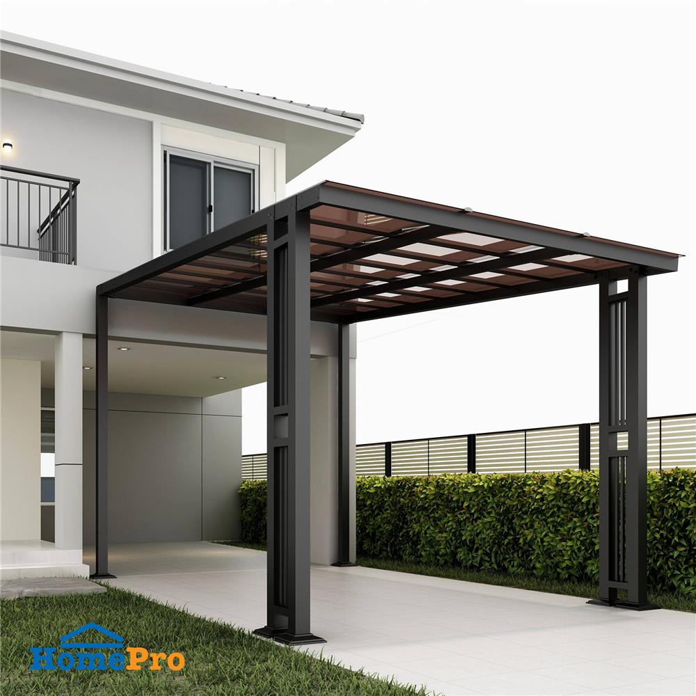 โรงจอดรถสำเร็จรูป หลังคาโพลีคาร์บอเนตแบบตัน ไม่มีรางน้ำฝน เสาตกแต่ง SUNSHIELD 3x5 เมตร สีน้ำตาล