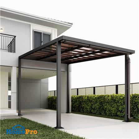 โรงจอดรถสำเร็จรูป หลังคาโพลีคาร์บอเนตแบบตัน มีรางน้ำฝน เสาธรรมดา SUNSHIELD 3x5 เมตร สีน้ำตาล_4