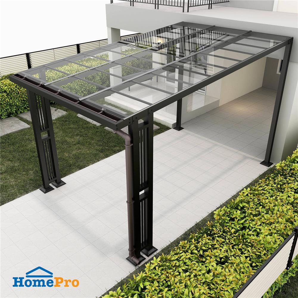 โรงจอดรถสำเร็จรูป หลังคาโพลีคาร์บอเนตแบบตัน มีรางน้ำฝน เสาตกแต่ง SUNSHIELD 3x5 เมตร สีใส