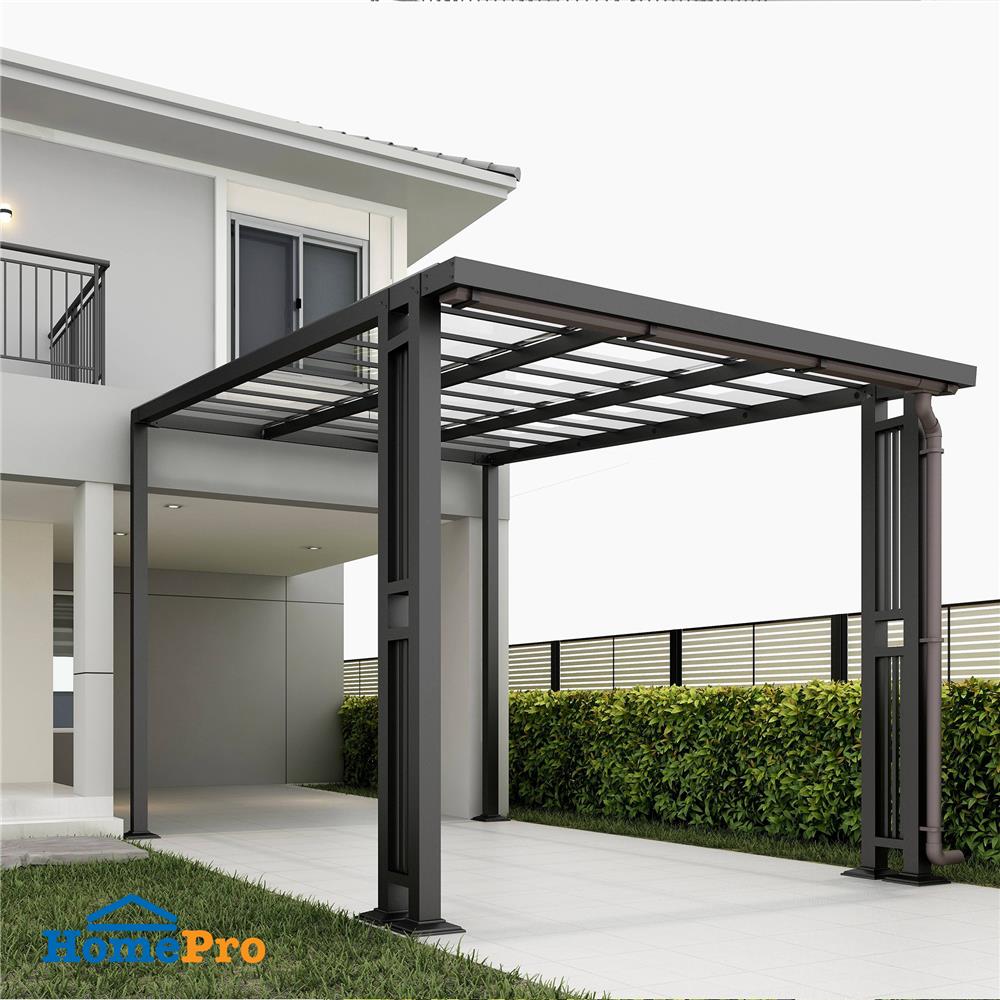 โรงจอดรถสำเร็จรูป หลังคาโพลีคาร์บอเนตแบบตัน มีรางน้ำฝน เสาตกแต่ง SUNSHIELD 3x5 เมตร สีใส