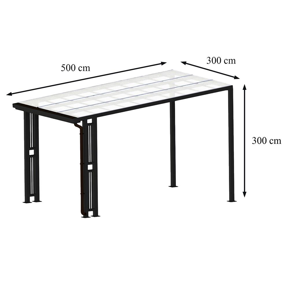 โรงจอดรถสำเร็จรูป หลังคาโพลีคาร์บอเนตแบบตัน มีรางน้ำฝน เสาตกแต่ง SUNSHIELD 3x5 เมตร สีใส
