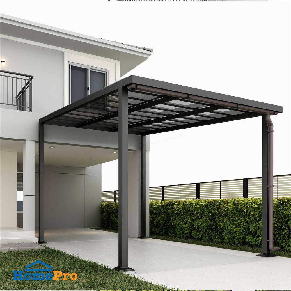 โรงจอดรถสำเร็จรูป หลังคาโพลีคาร์บอเนตแบบตัน มีรางน้ำฝน เสาธรรมดา SUNSHIELD 3x5 เมตร สีเทา