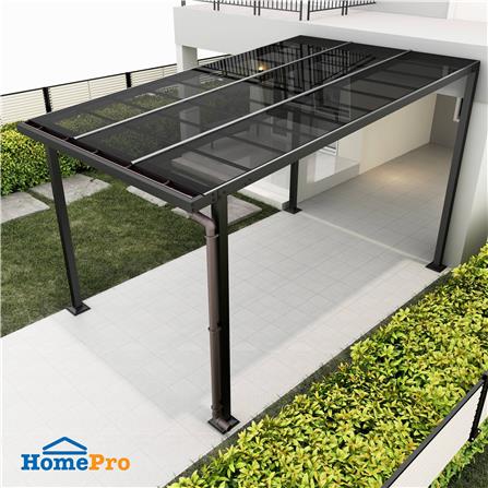 โรงจอดรถสำเร็จรูป หลังคาโพลีคาร์บอเนตแบบตัน มีรางน้ำฝน เสาธรรมดา SUNSHIELD 3x5 เมตร สีเทา