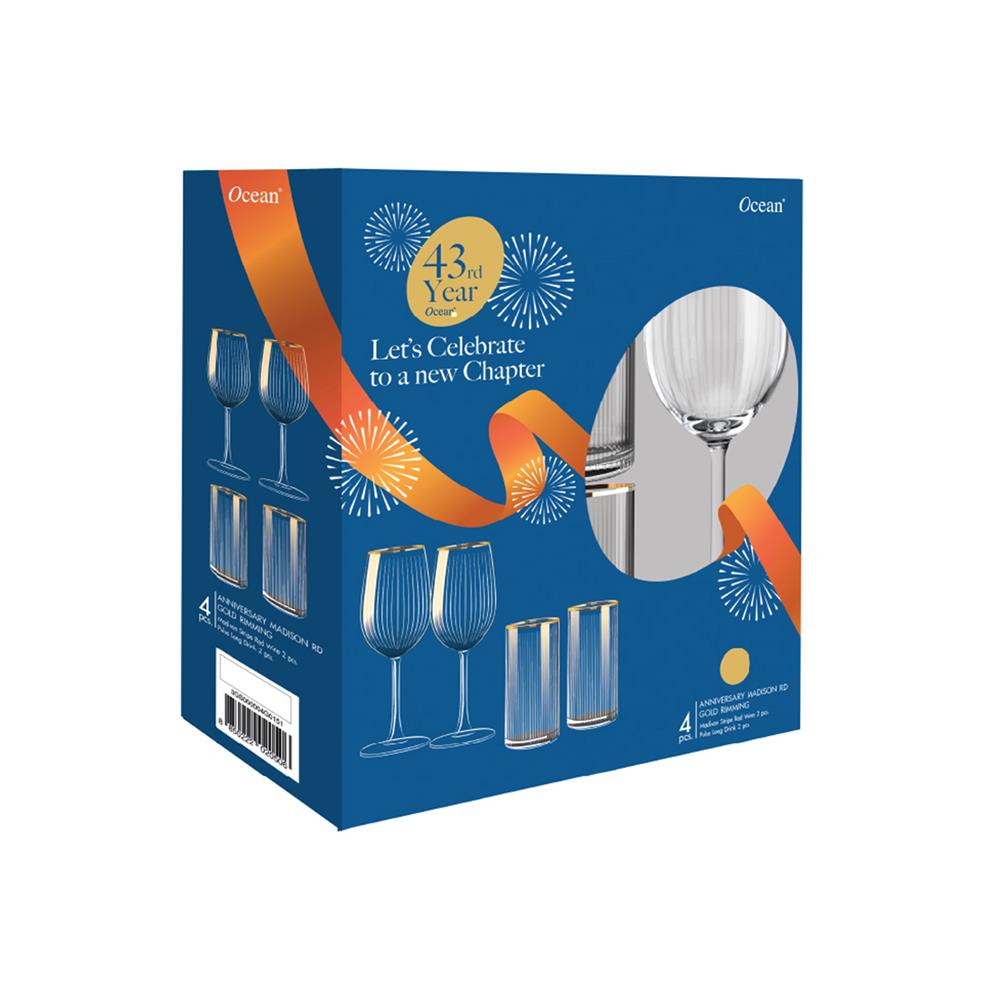 ชุดแก้วไวน์ 425 มล. และแก้วน้ำสูง 370 มล. OCEAN GLASS ANNIVERSARY MADISON RD GOLD RIMMING (แพ็ก 4 ชิ้น)