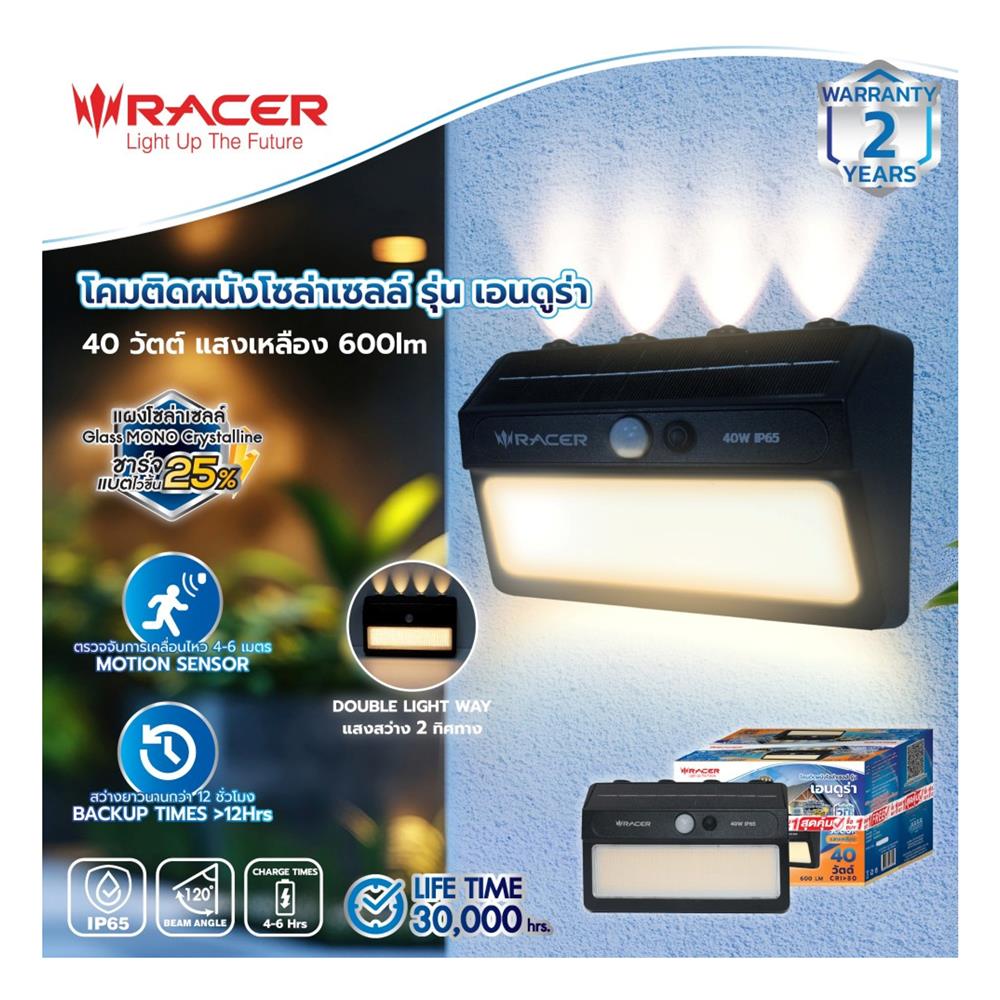 ไฟผนังภายนอก SOLAR RACER ENDURA 40 วัตต์ WARM WHITE สีดำ (1 แถม 1)