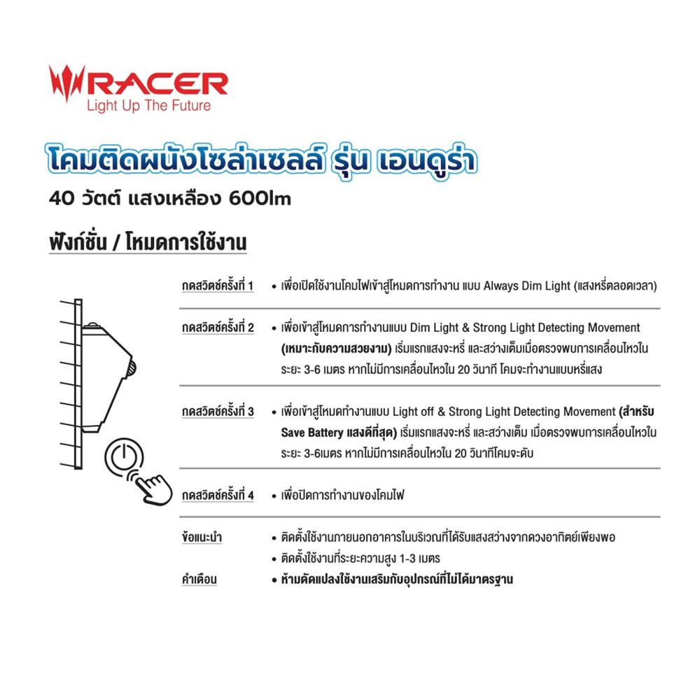 ไฟผนังภายนอก SOLAR RACER ENDURA 40 วัตต์ WARM WHITE สีดำ (1 แถม 1)