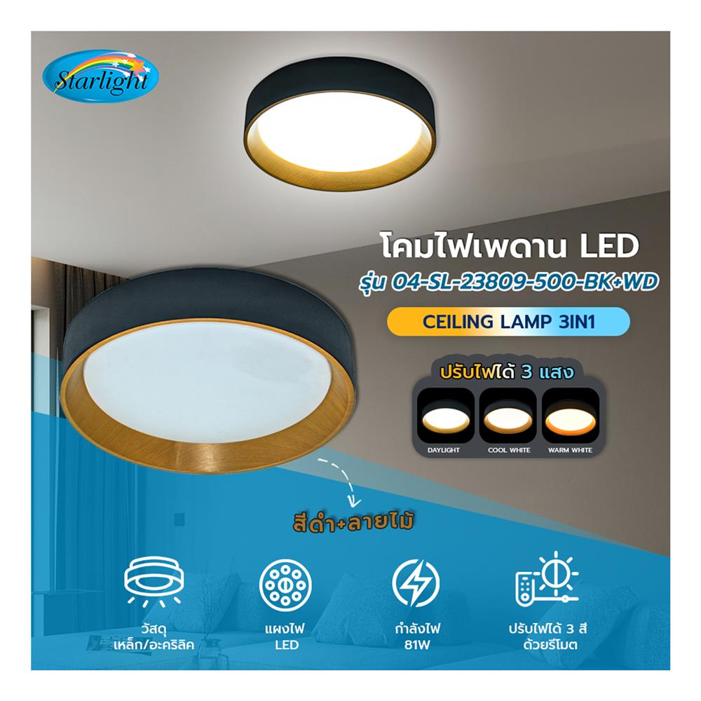 ไฟเพดาน LED STARLIGHT 04-SL-23809-500 81 วัตต์ DAYLIGHT/COOL WHITE/WARMWHITE 19 นิ้ว สีดำ/ลายไม้