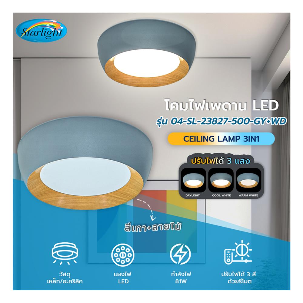 ไฟเพดาน LED STARLIGHT 04-SL-23827-500 81 วัตต์ DAYLIGHT/COOL WHITE/WARMWHITE 19 นิ้ว สีเทา/ลายไม้