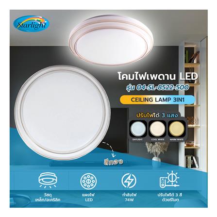 ไฟเพดาน LED STARLIGHT 04-SL-8522-500 74 วัตต์ DAYLIGHT/COOL WHITE/WARMWHITE 19 นิ้ว สีขาว/ทอง_4