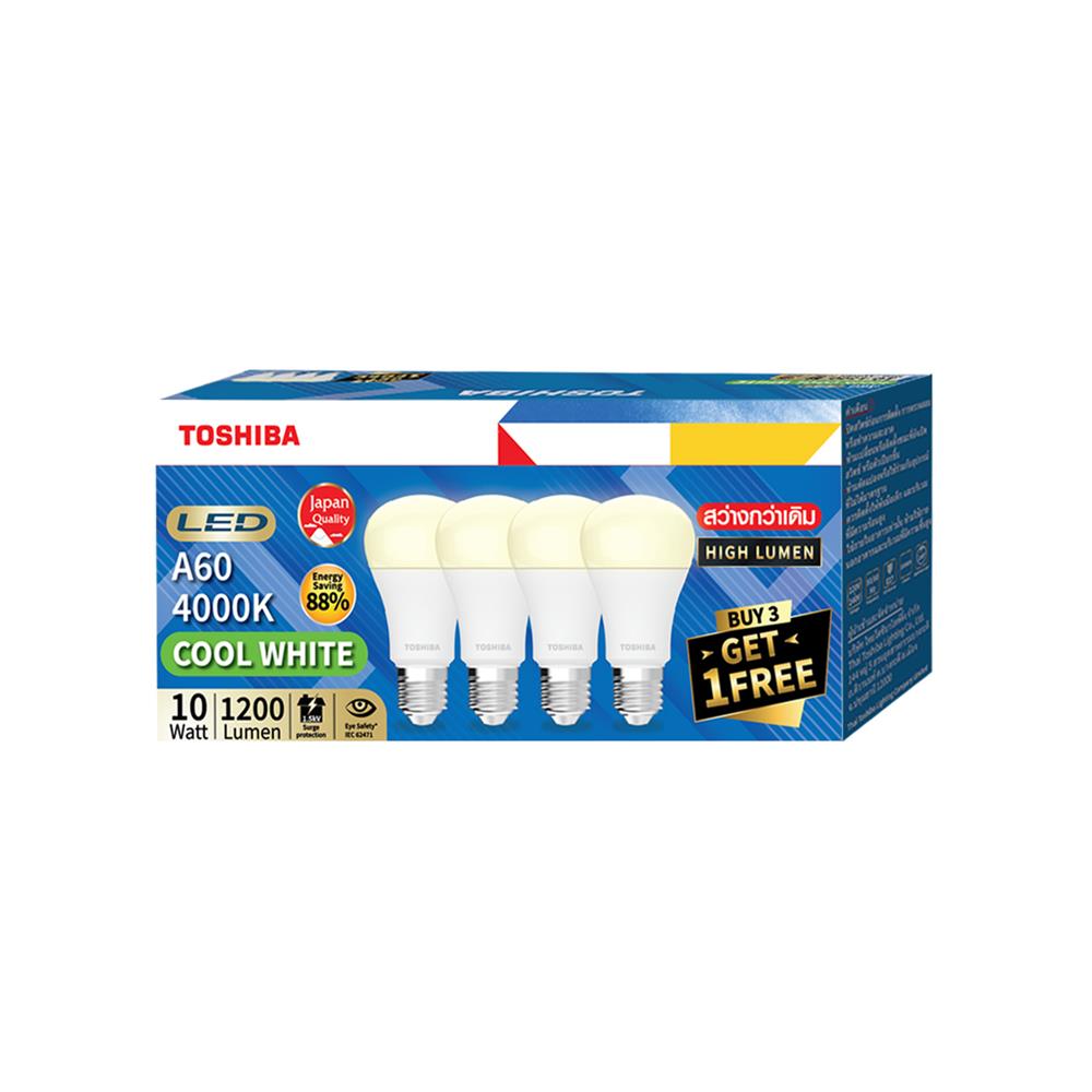 หลอด LED TOSHIBA A60 HIGH LUMEN 10 วัตต์ COOL WHITE E27 (แพ็ก 4 ชิ้น)