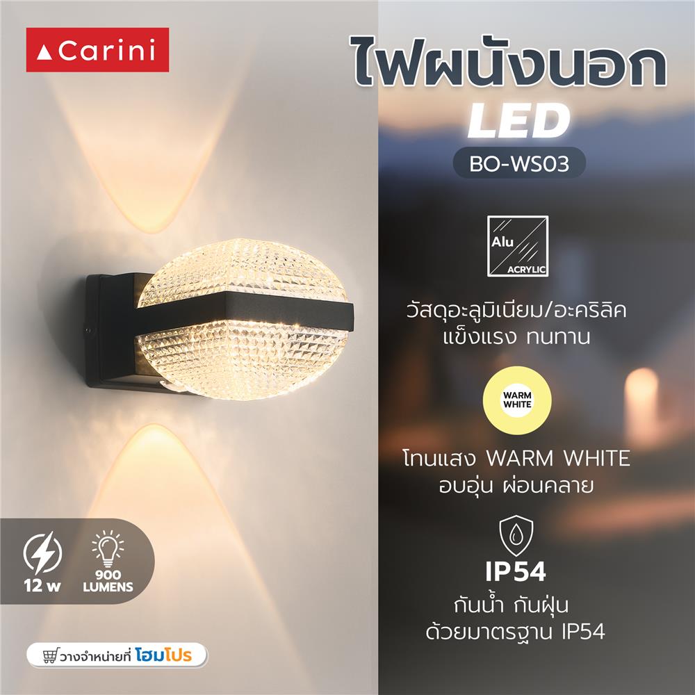 ไฟผนังภายนอก LED CARINI BO-WS03 12 วัตต์ WARM WHITE สีดำ