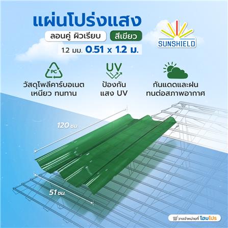 แผ่นโปร่งแสง ลอนคู่ ผิวเรียบ SUNSHIELD 1.2 มม. 0.51x1.2 ม. สีเขียว_4