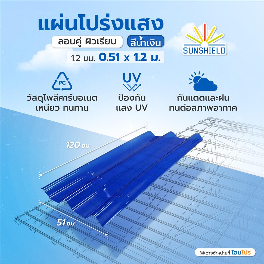 แผ่นโปร่งแสง ลอนคู่ ผิวเรียบ SUNSHIELD 1.2 มม. 0.51x1.2 ม. สีน้ำเงิน