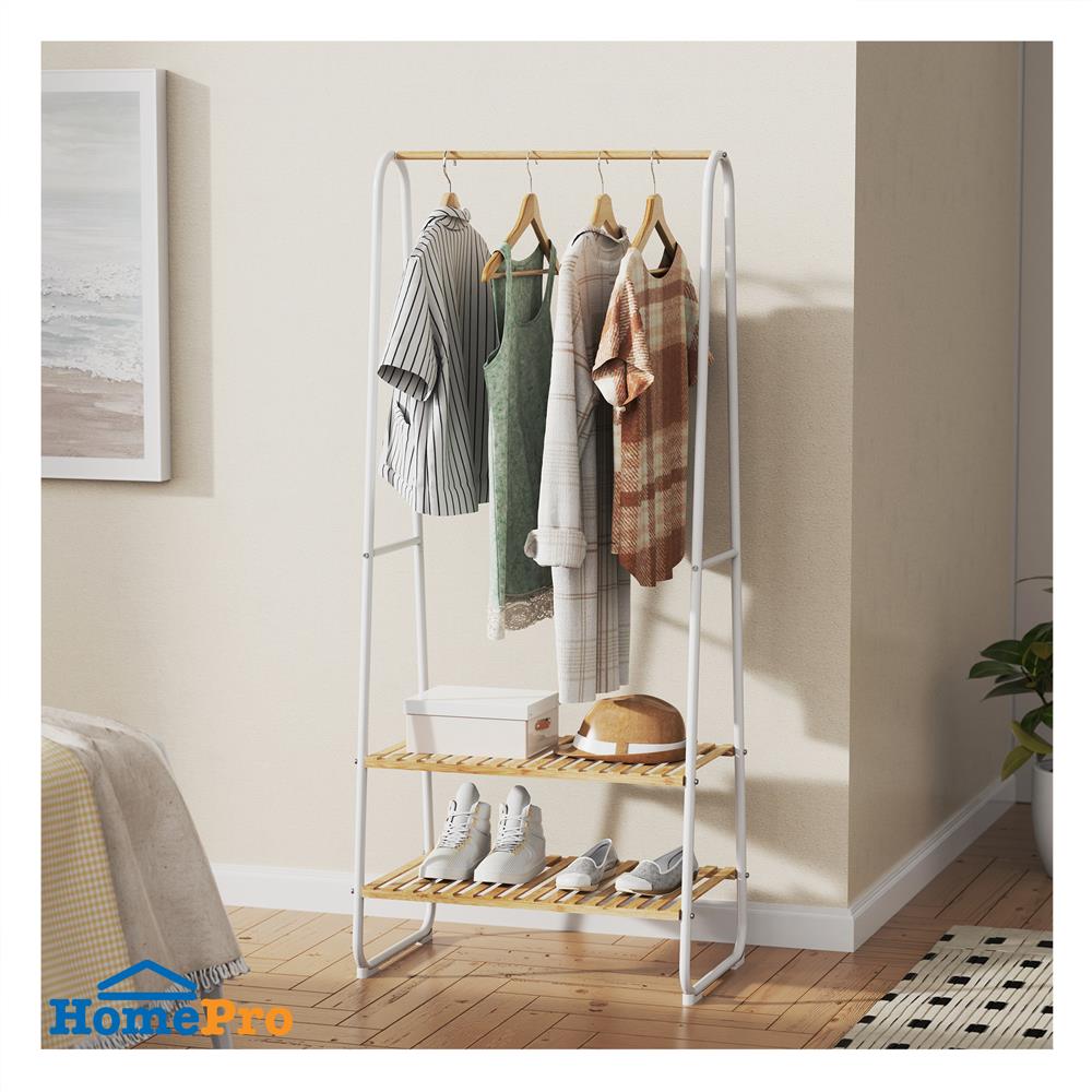 ราวแขวนผ้าพร้อมชั้นวางของไม้ไผ่ 2 ชั้น PLIM ARRIS 64 ซม. สีขาว