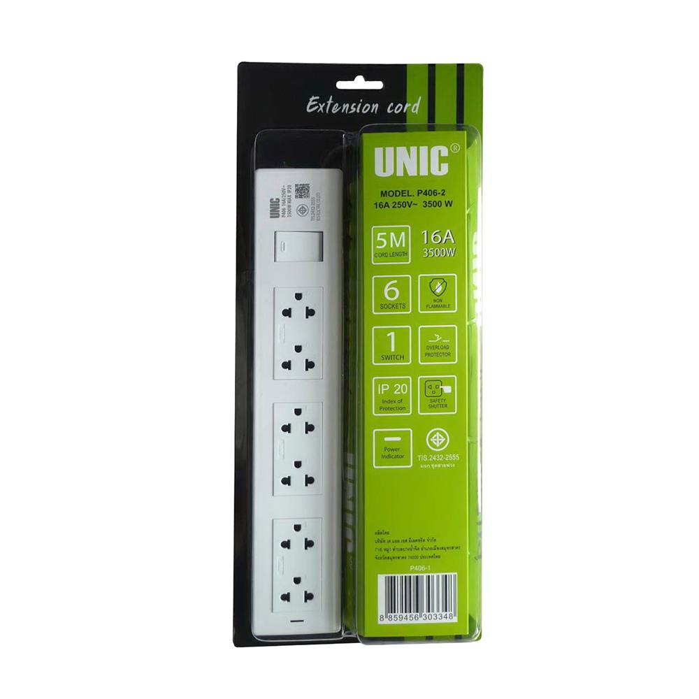 รางปลั๊กไฟ 6 ช่อง 1 สวิตซ์ UNIC P406-2 3500 วัตต์ 16 แอมป์ 5 เมตร