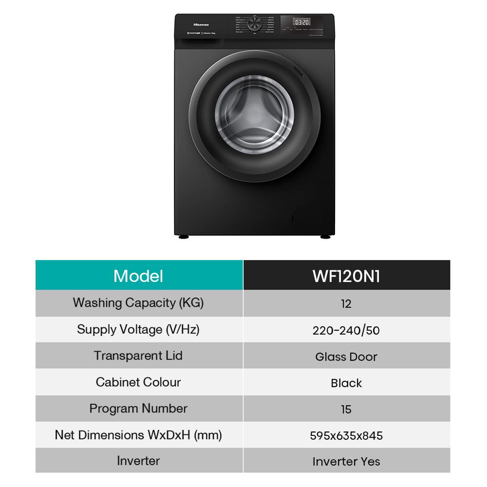 เครื่องซักผ้าฝาหน้า HISENSE WF120N1 12 กก. 1200RPM อินเวอร์เตอร์ สีดำ