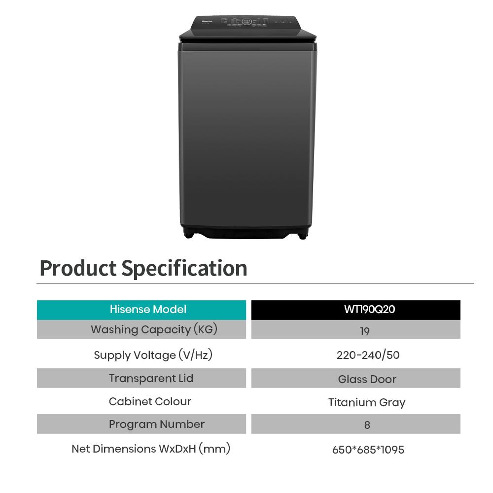 เครื่องซักผ้าฝาบน HISENSE WT190Q20 19 กก. สีดำ