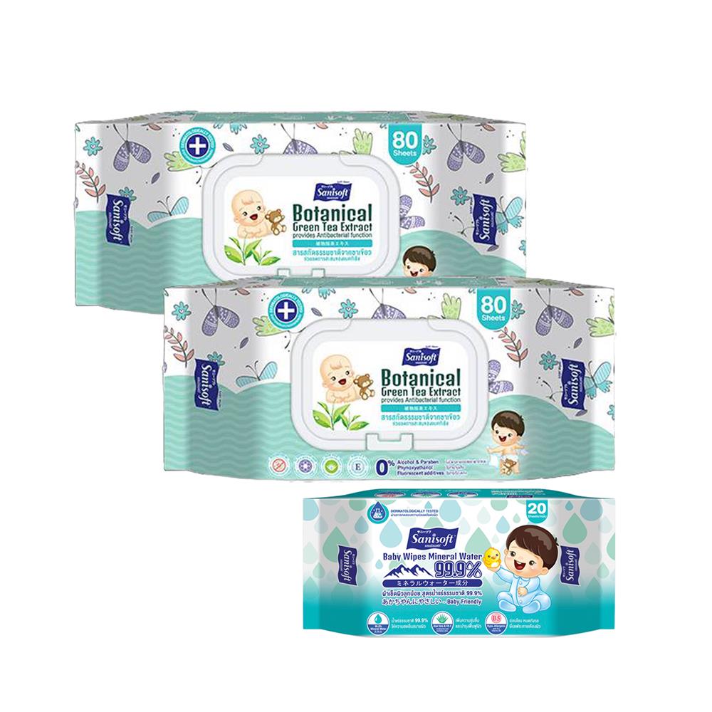 ผ้าเช็ดทำความสะอาดผิว SANISOFT GREEN TEA 80 แผ่น (แพ็กคู่)