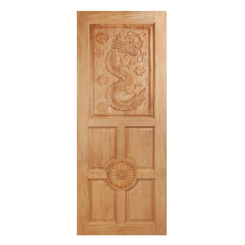 ประตูไม้สยาแดงแกะสลักลายมังกร ไม่เจาะลูกบิด VK 129 80x200 ซม. สีธรรมชาติ