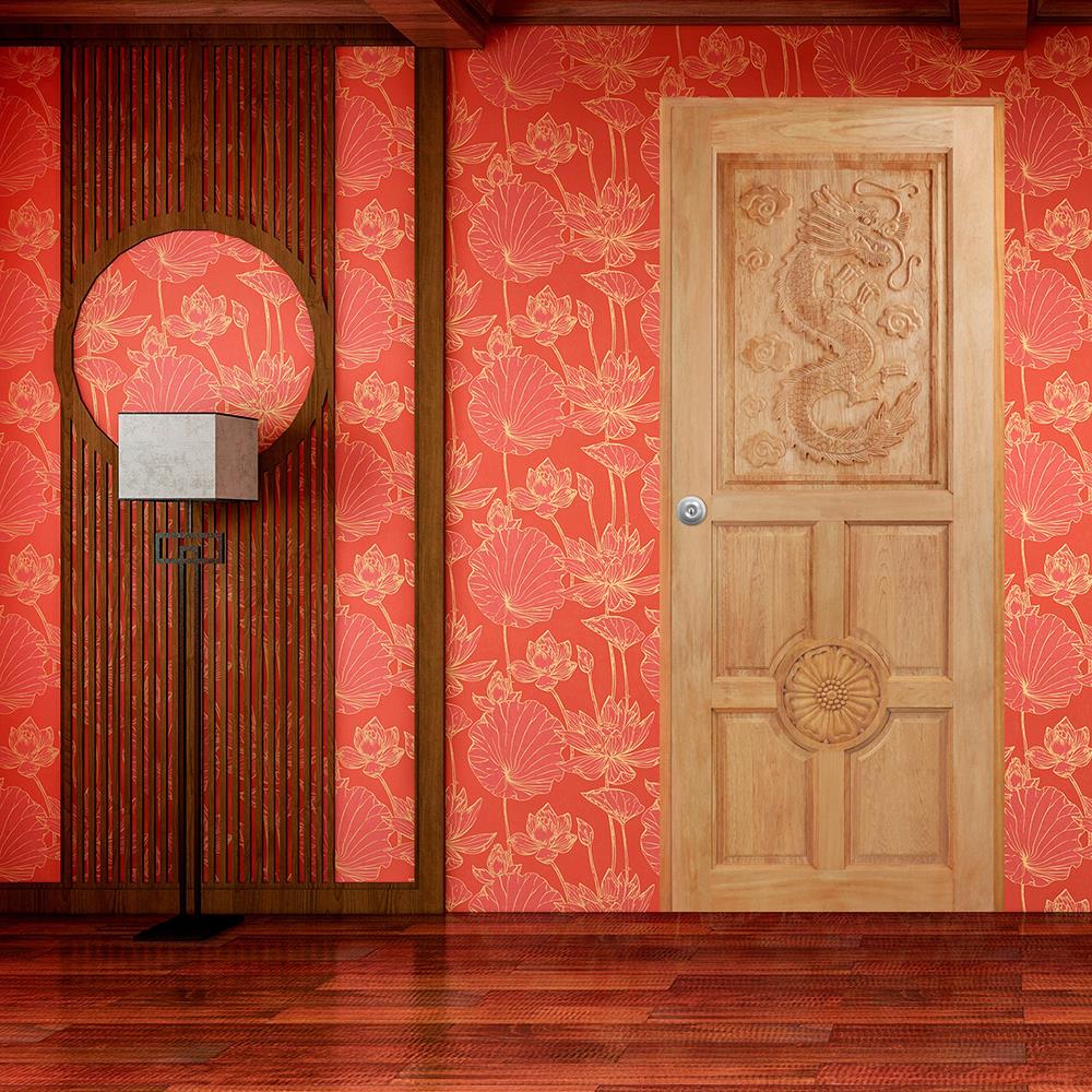 ประตูไม้สยาแดงแกะสลักลายมังกร ไม่เจาะลูกบิด VK 129 80x200 ซม. สีธรรมชาติ