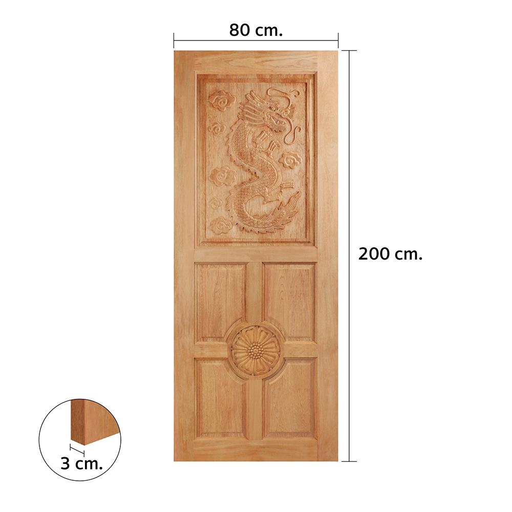 ประตูไม้สยาแดงแกะสลักลายมังกร ไม่เจาะลูกบิด VK 129 80x200 ซม. สีธรรมชาติ