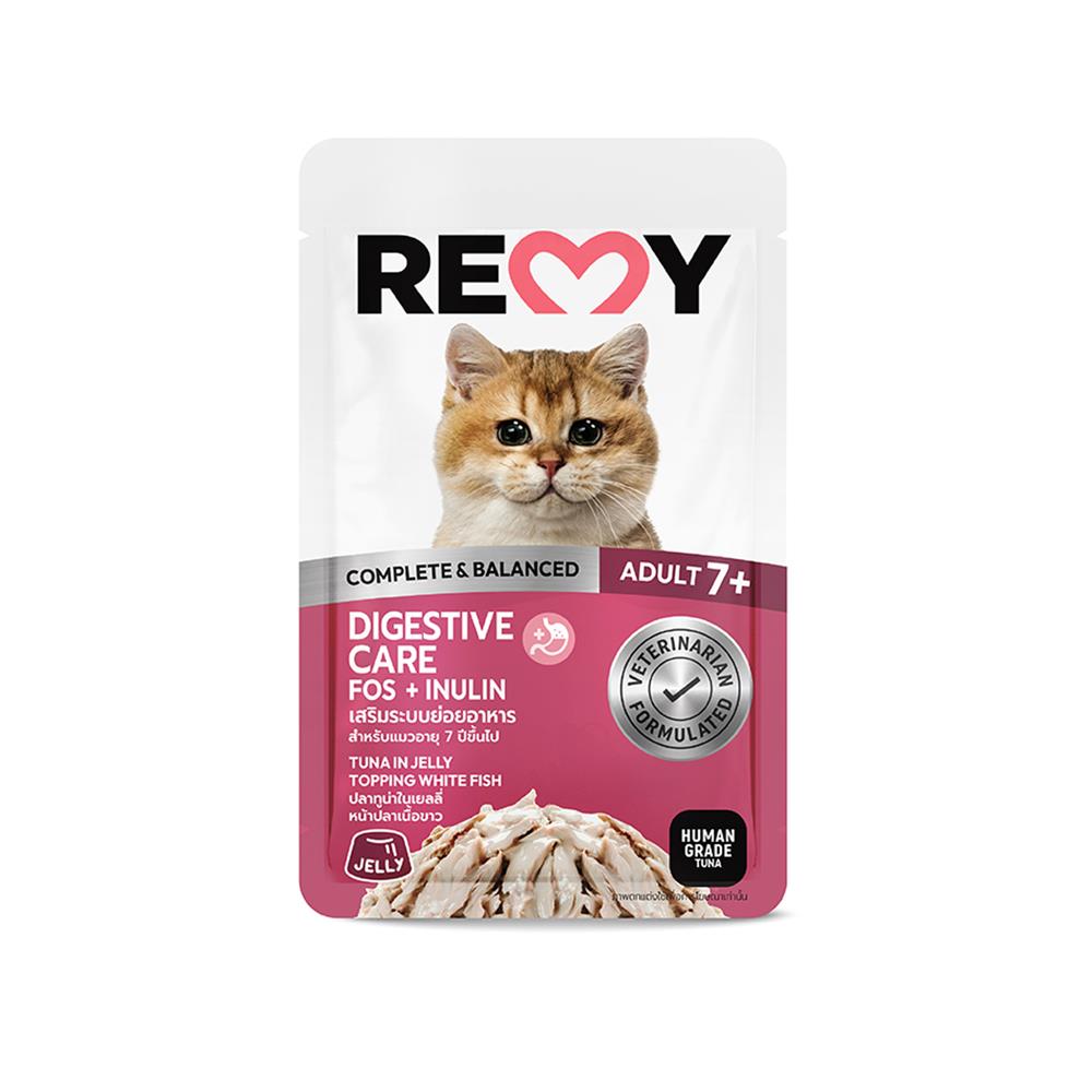 อาหารเปียกแมว REMY TUNA IN JELLY TOPPING WHITE FISH ADULT 7+ สูตรเสริมระบบย่อยอาหาร