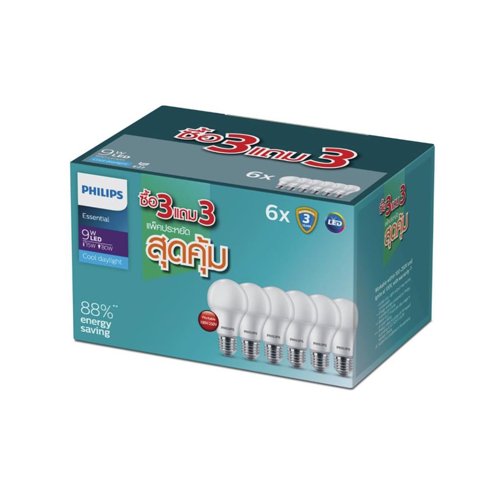 หลอด LED PHILIPS ESSENTIAL 9 วัตต์ DAYLIGHT E27 (แพ็ก 6 ชิ้น )