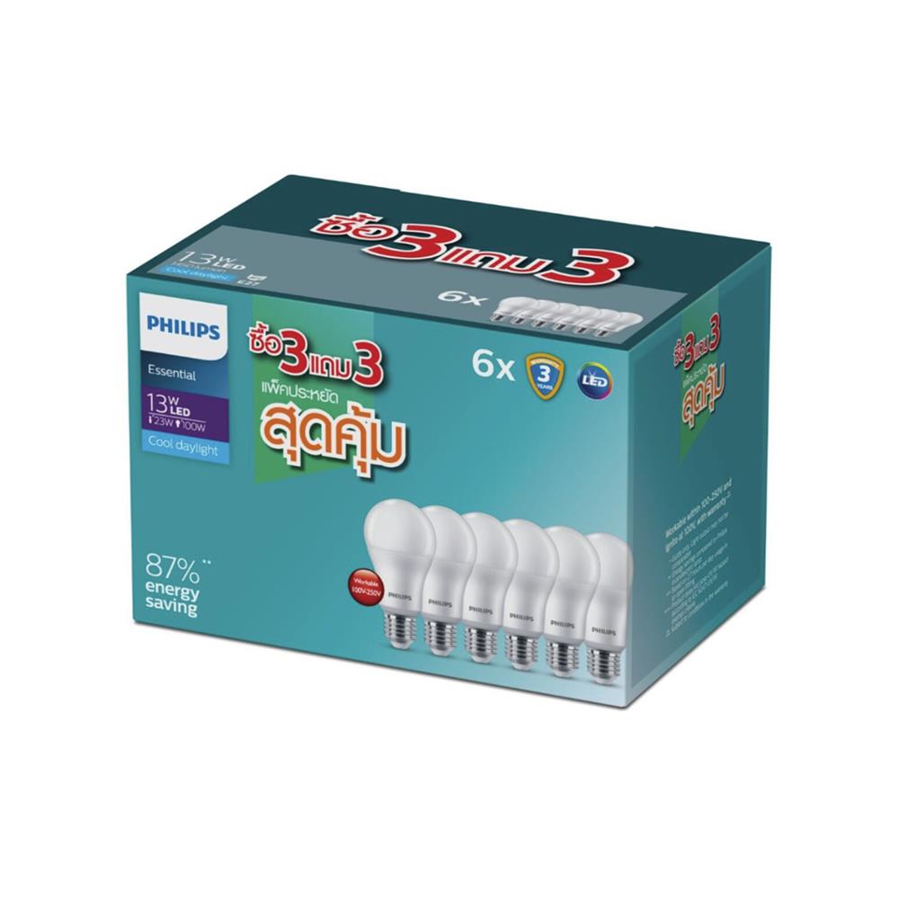 หลอด LED PHILIPS ESSENTIAL 13 วัตต์ DAYLIGHT E27 (แพ็ก 6 ชิ้น)