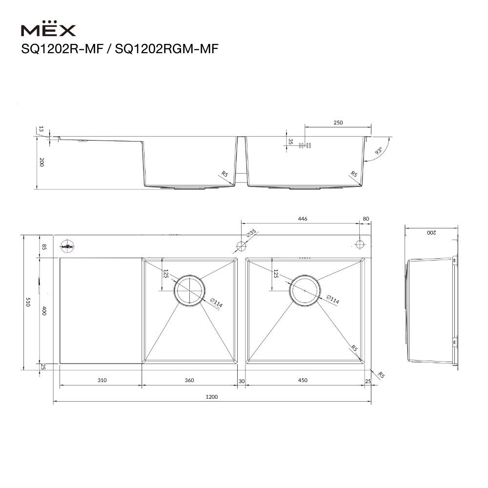ซิงค์ฝัง 2 หลุม 1 ที่พัก MEX SQ1202RGM-MF สีเทาดำ
