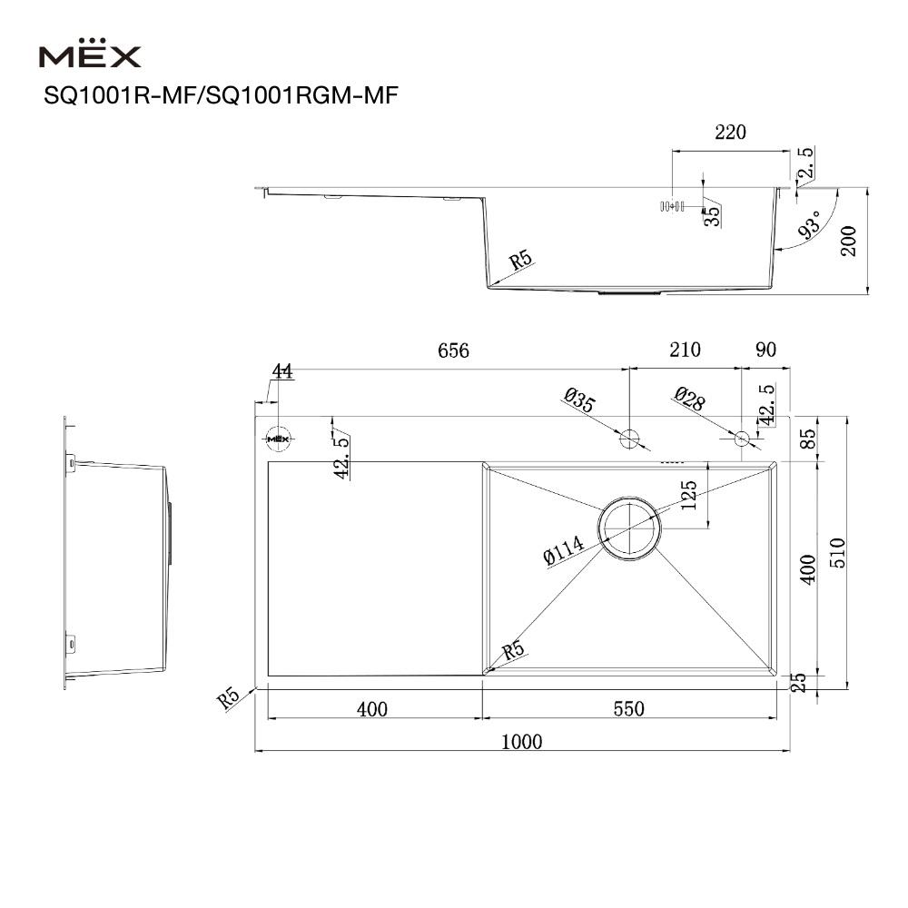 ซิงค์ฝัง 1 หลุม 1 ที่พัก MEX SQ1001R-MF สีเงิน