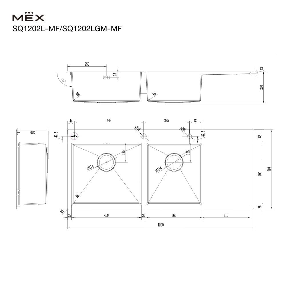 ซิงค์ฝัง 2 หลุม 1 ที่พัก MEX SQ1202LGM-MF สีเทาดำ