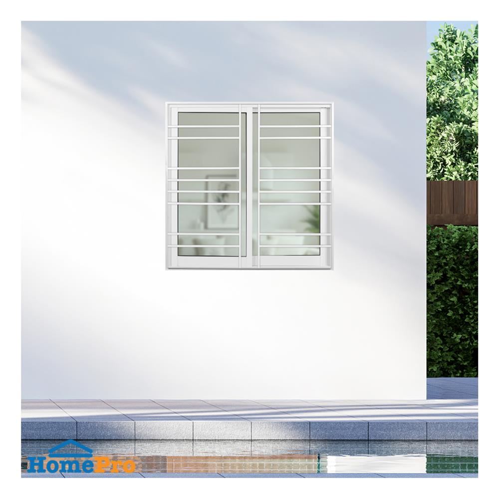 หน้าต่างบานเลื่อนอะลูมิเนียม พร้อมมุ้งลวดและเหล็กดัด S-S KPA โมเดิร์น 100x100 ซม. สีขาว