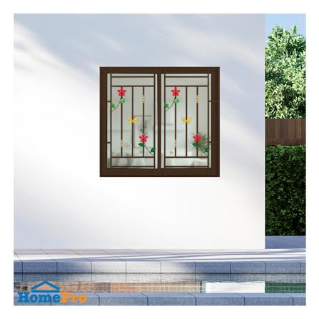 หน้าต่างบานเลื่อนอะลูมิเนียม พร้อมมุ้งลวดและเหล็กดัด S-S KPA ดอกไม้แดง 120x110 ซม. สีชา_2