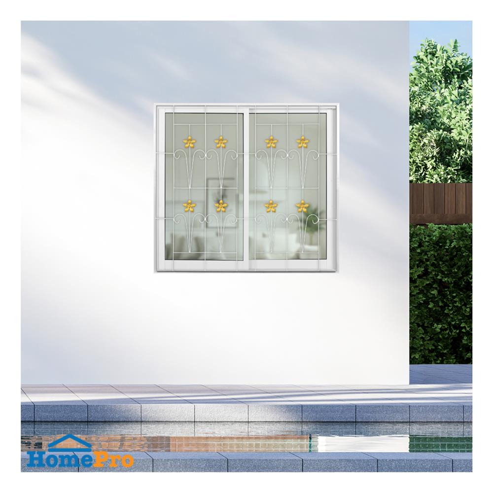 หน้าต่างบานเลื่อนอะลูมิเนียม พร้อมมุ้งลวดและเหล็กดัด S-S KPA ดอกไม้ทอง 120x110 ซม. สีขาว