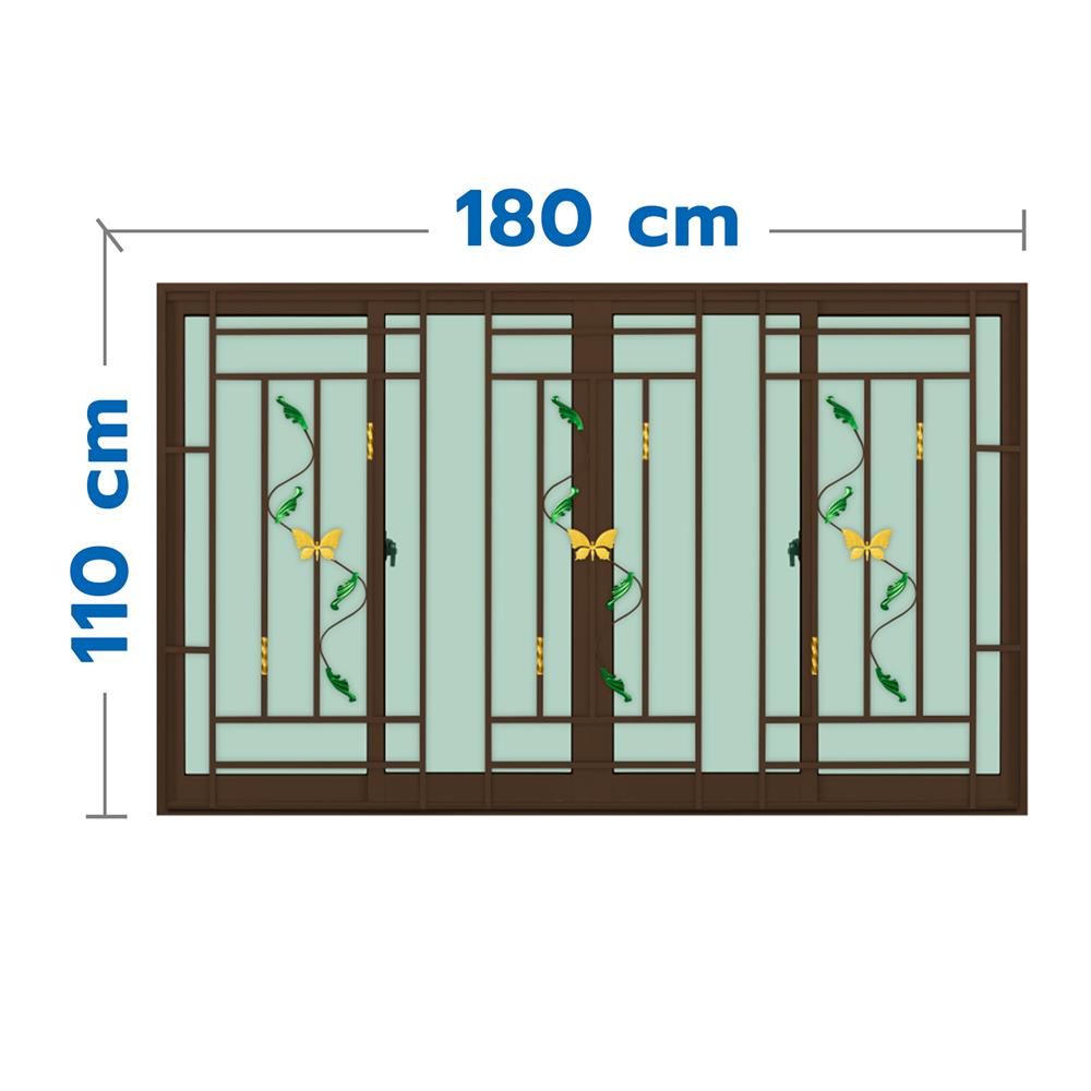 หน้าต่างบานเลื่อนอะลูมิเนียม พร้อมมุ้งลวดและเหล็กดัด F-S-S-F KPA ผีเสื้อ 180x110 ซม. สีชา