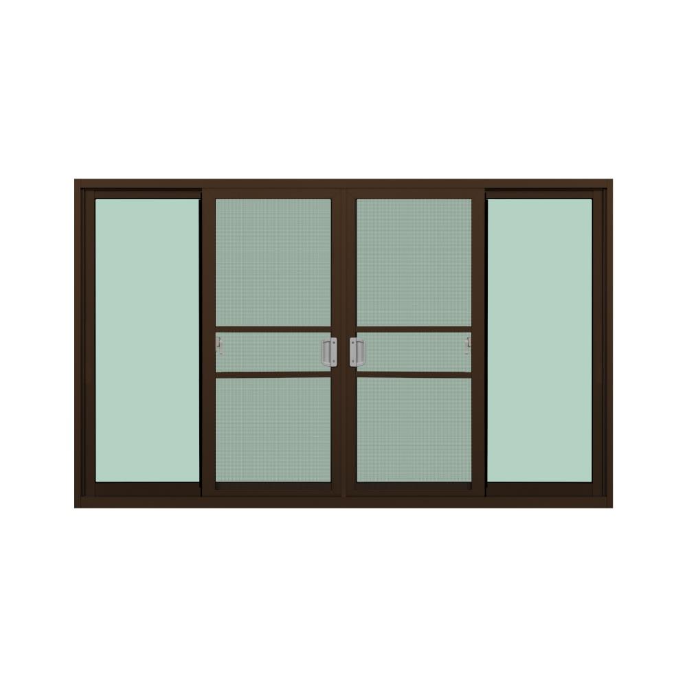 หน้าต่างบานเลื่อนอะลูมิเนียม พร้อมมุ้งลวดและเหล็กดัด F-S-S-F KPA ผีเสื้อ 180x110 ซม. สีชา