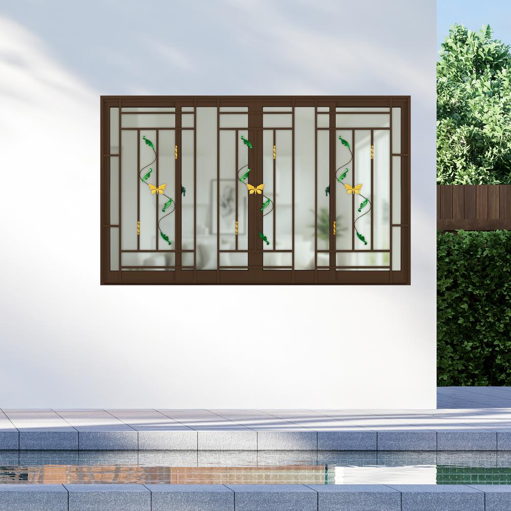 หน้าต่างบานเลื่อนอะลูมิเนียม พร้อมมุ้งลวดและเหล็กดัด F-S-S-F KPA ผีเสื้อ 180x110 ซม. สีชา