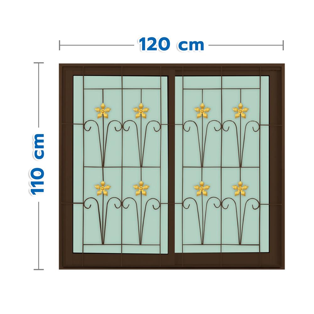 หน้าต่างบานเลื่อนอะลูมิเนียม พร้อมมุ้งลวดและเหล็กดัด S-S KPA ดอกไม้ทอง 120x110 ซม. สีชา