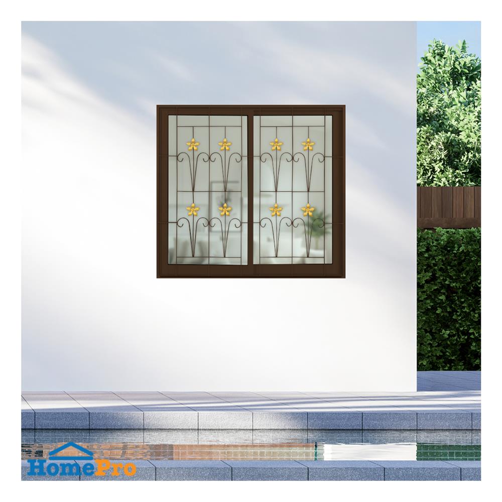 หน้าต่างบานเลื่อนอะลูมิเนียม พร้อมมุ้งลวดและเหล็กดัด S-S KPA ดอกไม้ทอง 120x110 ซม. สีชา