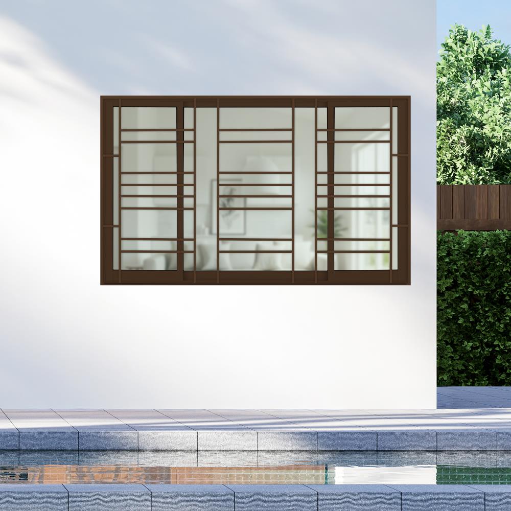 หน้าต่างบานเลื่อนอะลูมิเนียม พร้อมมุ้งลวดและเหล็กดัด S-F-S KPA โมเดิร์น 180x110 ซม. สีชา